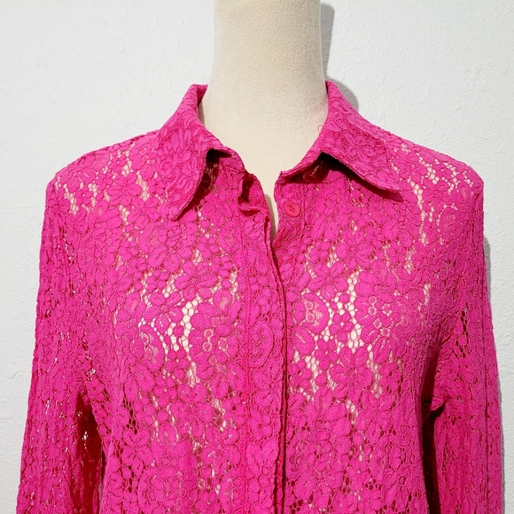 LIC Curvy Collection Hot Pink Lace Button Front Blouse Shirt PLUS XXL Stretch - Picture 5 of 13